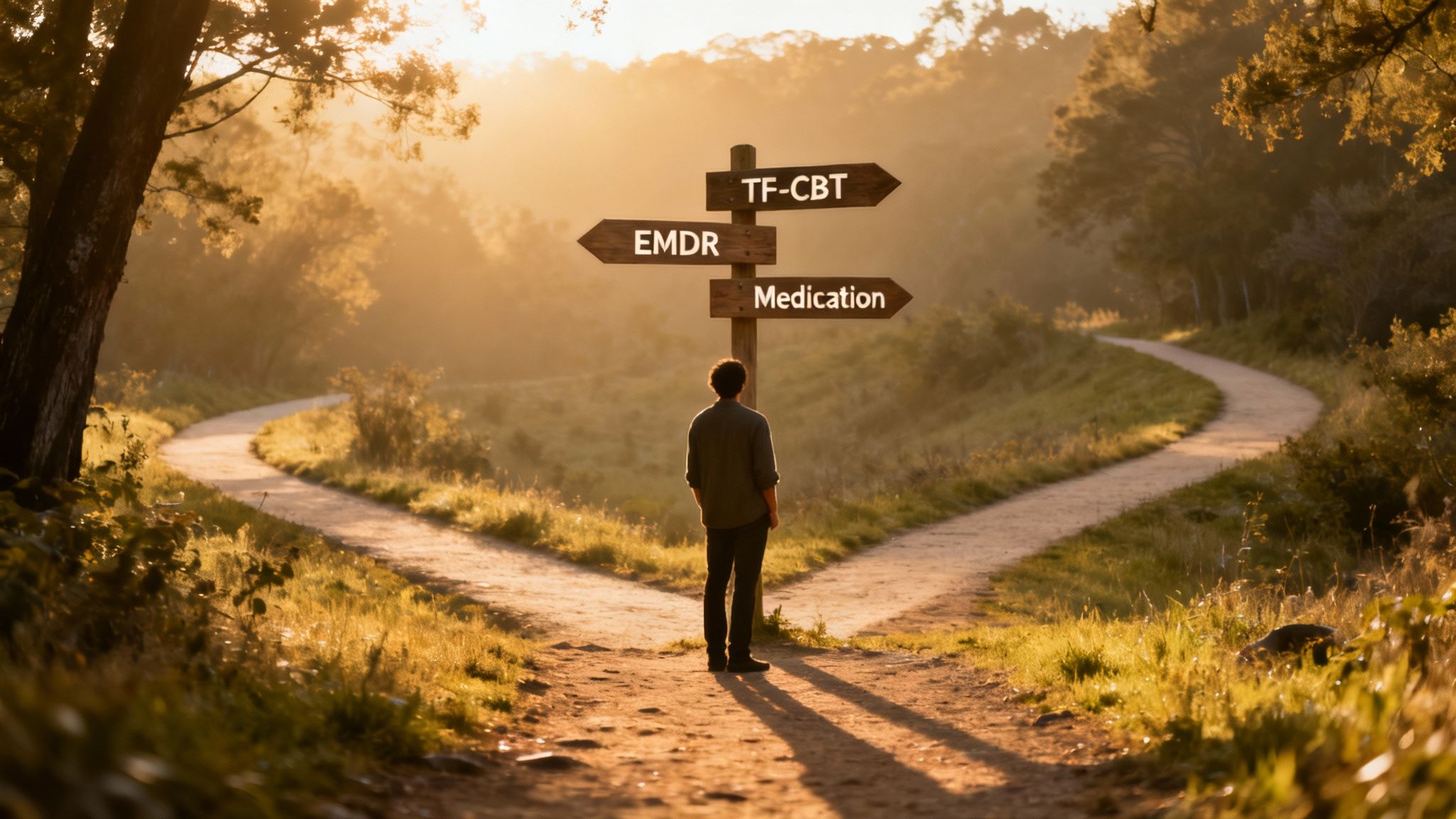 A person stands at a fork in a sunlit path, facing a signpost with options for TF-CBT, EMDR, and Medication.