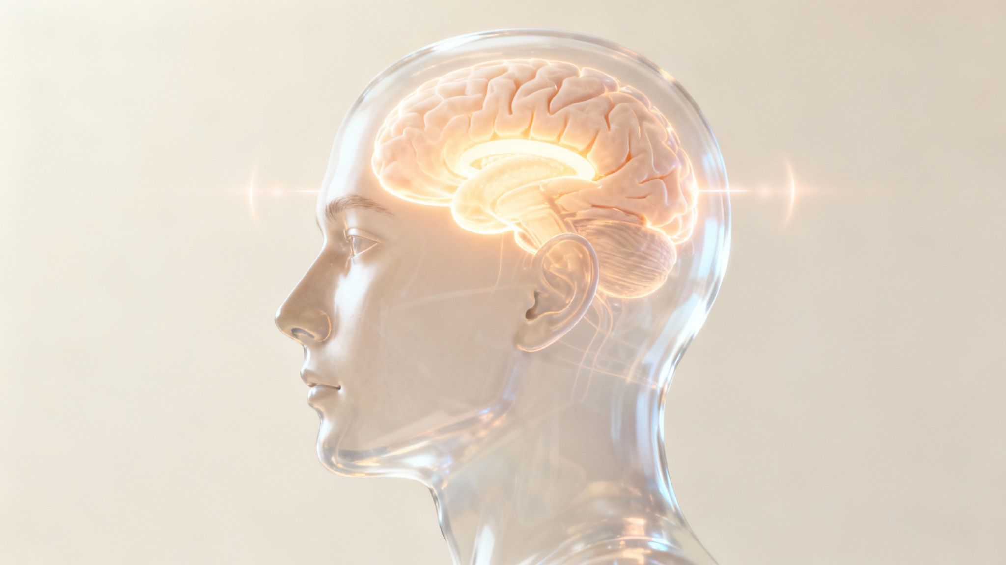 Side profile of a translucent human head with a glowing, active brain, symbolizing thought.