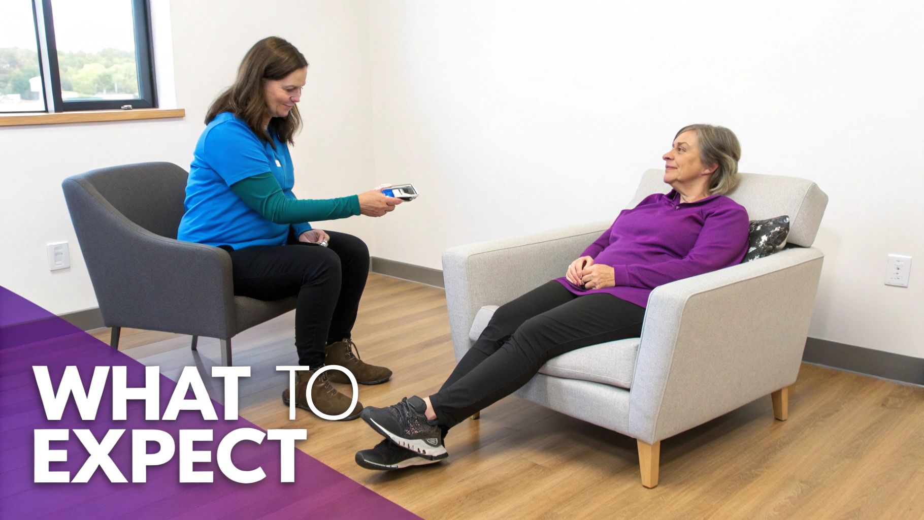 Two women in a bright room, one offers a device to another while sitting in comfortable chairs.