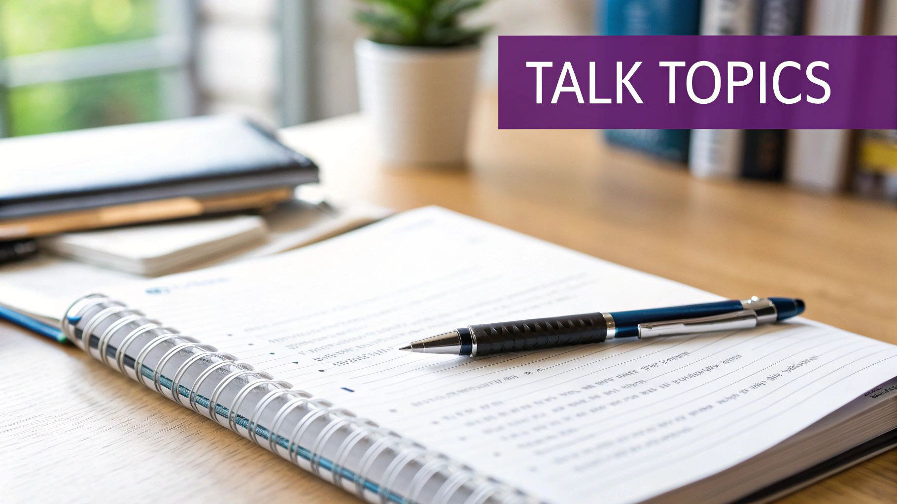 A blue pen rests on an open spiral notebook with "TALK TOPICS" on a purple banner.