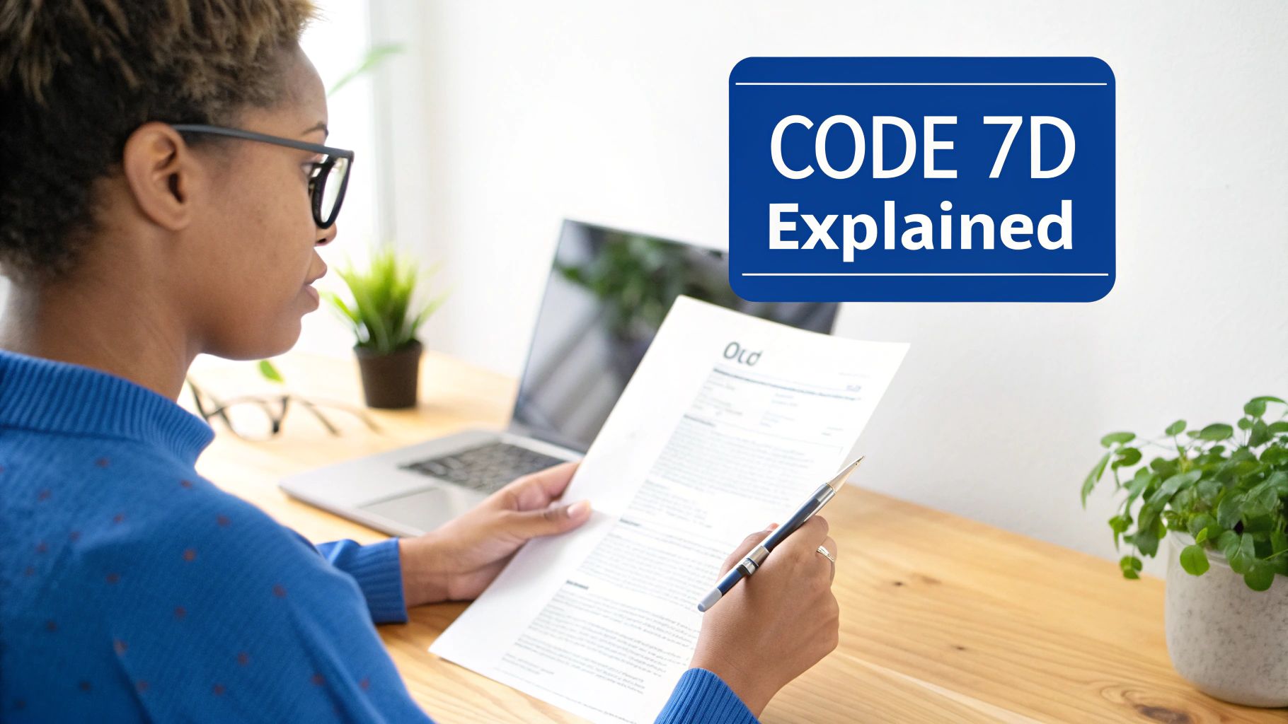 A person reviews a document with a pen, laptop, and plants on a desk, with a 'CODE 7D Explained' overlay.