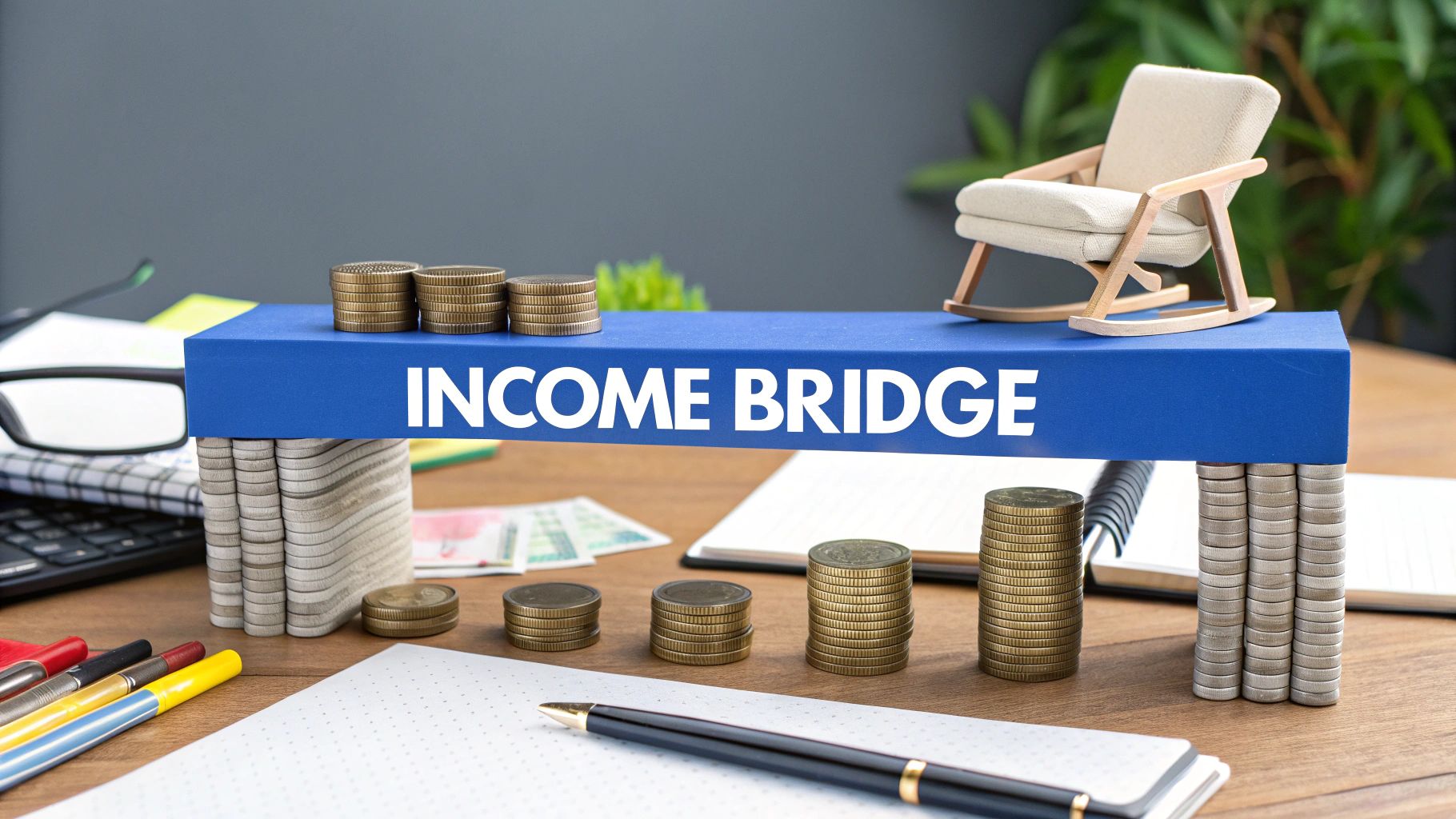 A blue block labeled 'INCOME BRIDGE' supported by coin stacks, with a rocking chair on top.