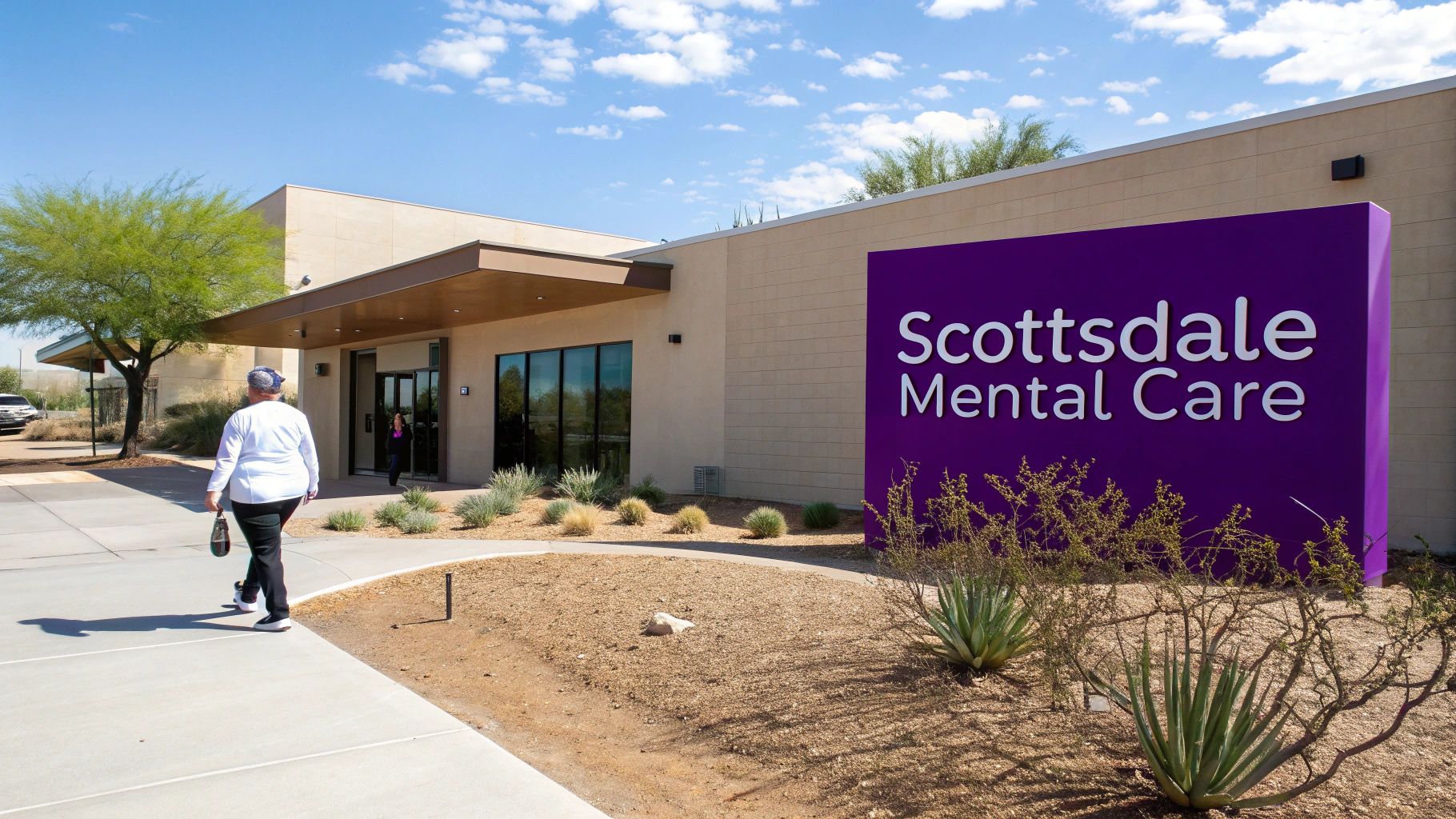Exterior of Scottsdale Mental Care building with a prominent purple sign and arid landscaping.