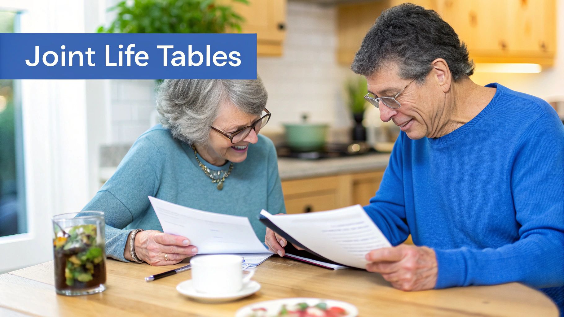 A mature couple smiling and reviewing financial documents at a table.