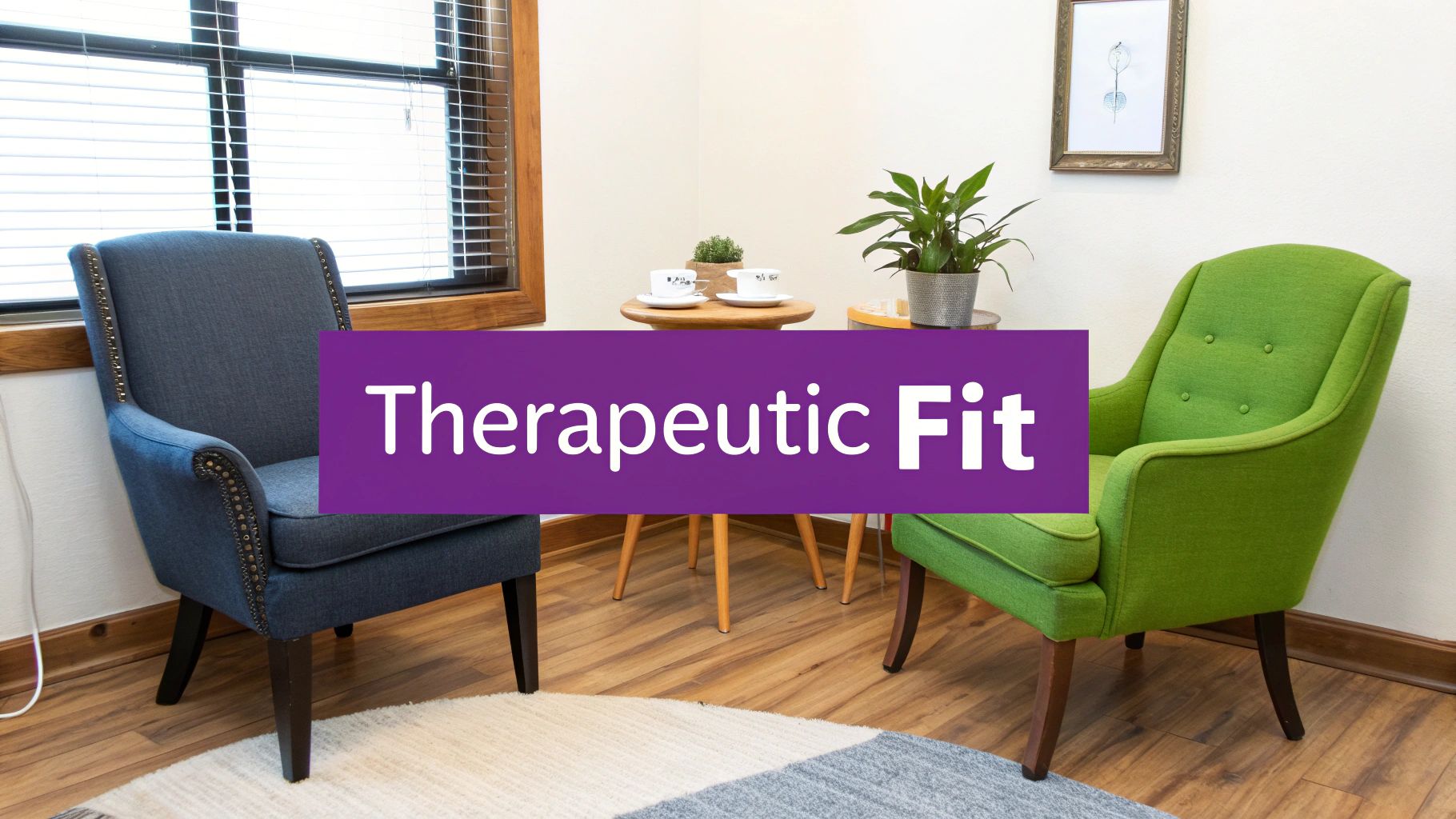 A cozy therapy room with two armchairs, a small table, plants, and a “Therapeutic Fit” banner.