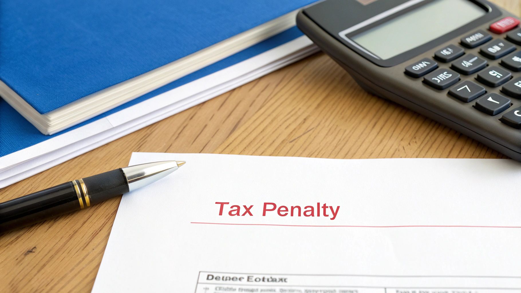 A document titled 'Tax Penalty' with a pen, calculator, and blue folders on a wooden desk.