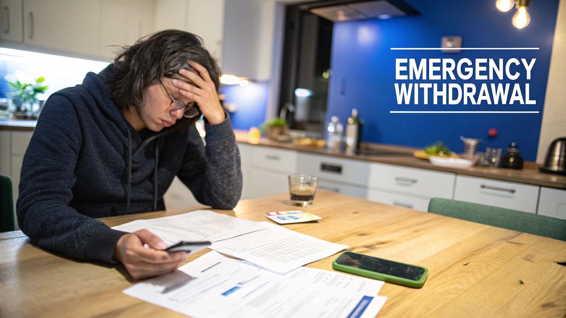 A stressed man reviews financial documents and a phone, with 'Emergency Withdrawal' text overlaid.