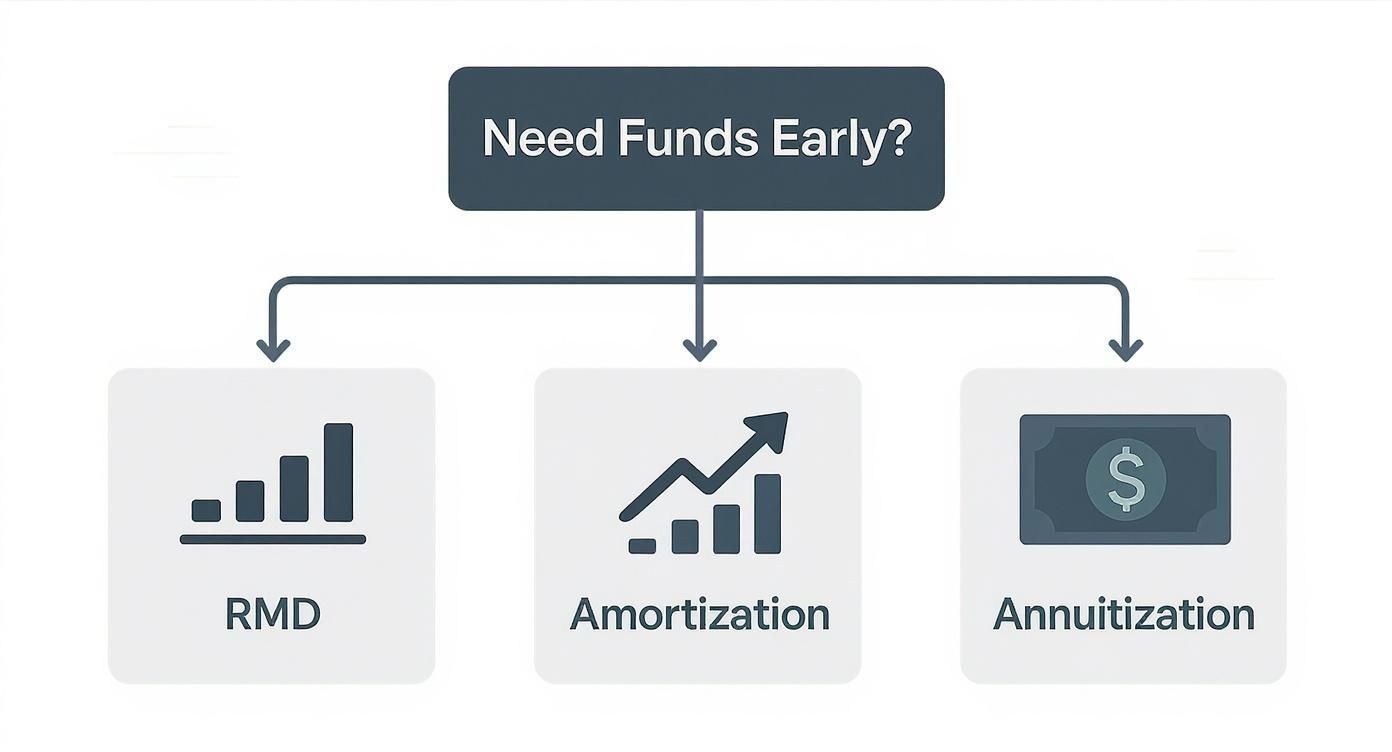 A flowchart showing three financial options for needing funds early: RMD, Amortization, and Annuitization.
