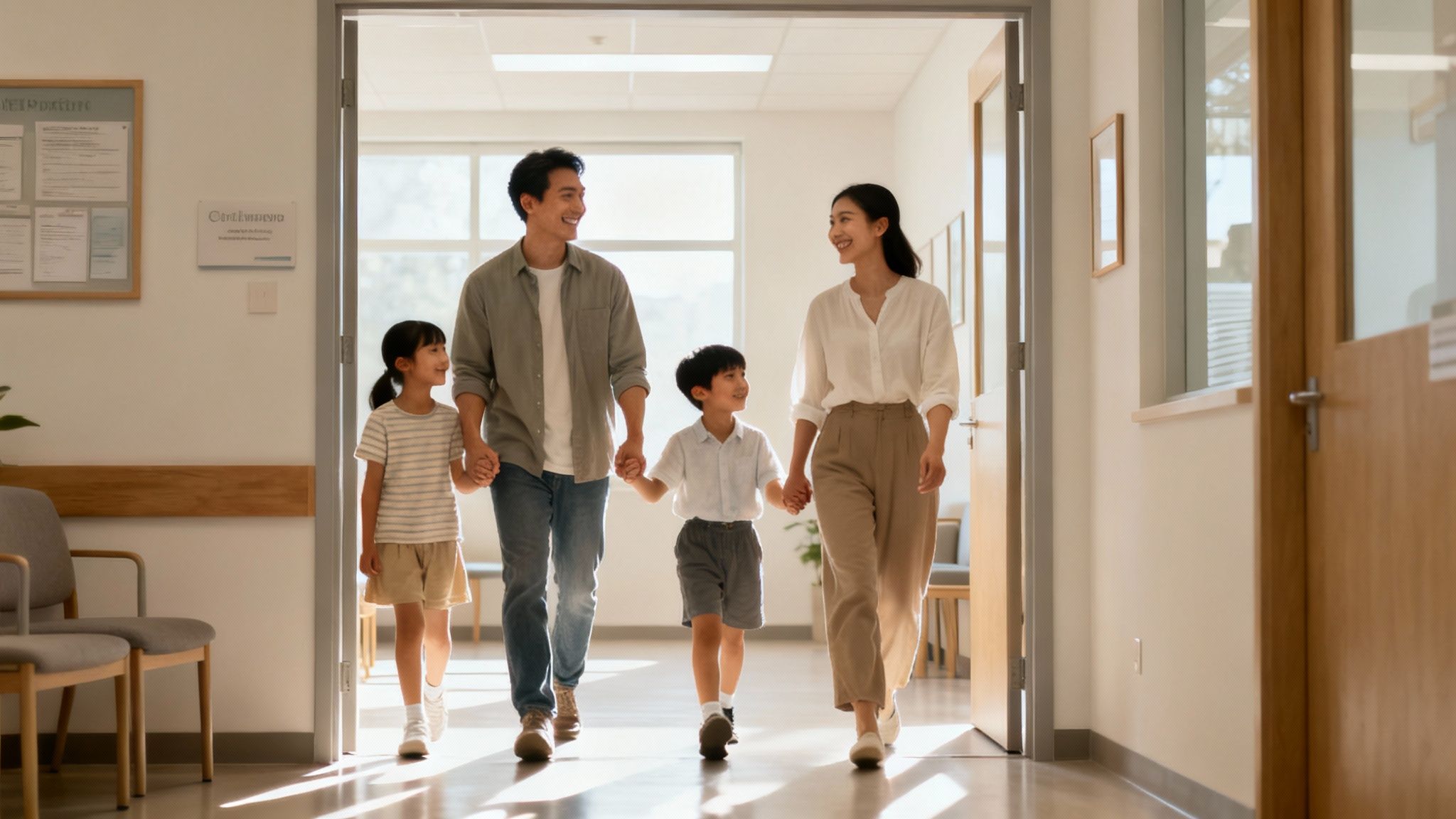 A smiling Asian family, parents and two young children, walk hand-in-hand down a bright hallway.