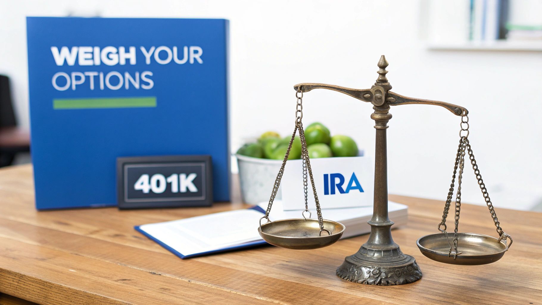 A scale balances "401K" and "IRA" signs, with a blue box stating "WEIGH YOUR OPTIONS".