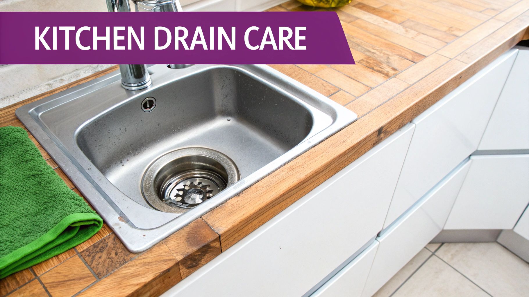 A clean kitchen sink with a garbage disposal unit visible