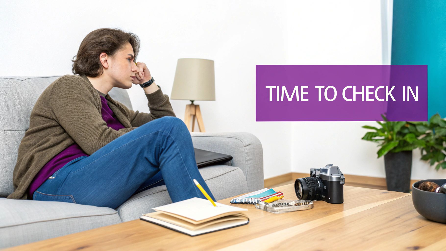 A pensive young person sits on a couch, looking reflective, with a "TIME TO CHECK IN" message.