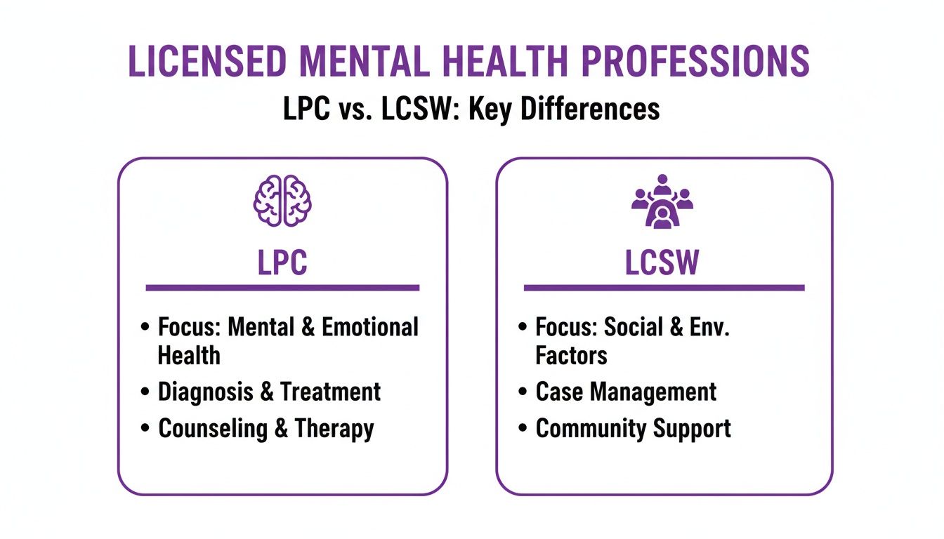An infographic detailing the key differences between LPC and LCSW mental health professions.