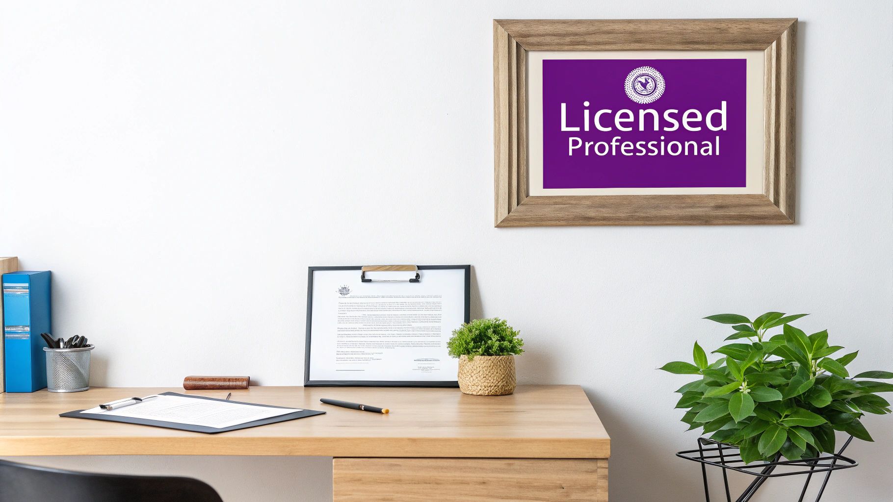 A professional office desk with a 'Licensed Professional' framed sign, documents, plants, and office supplies.