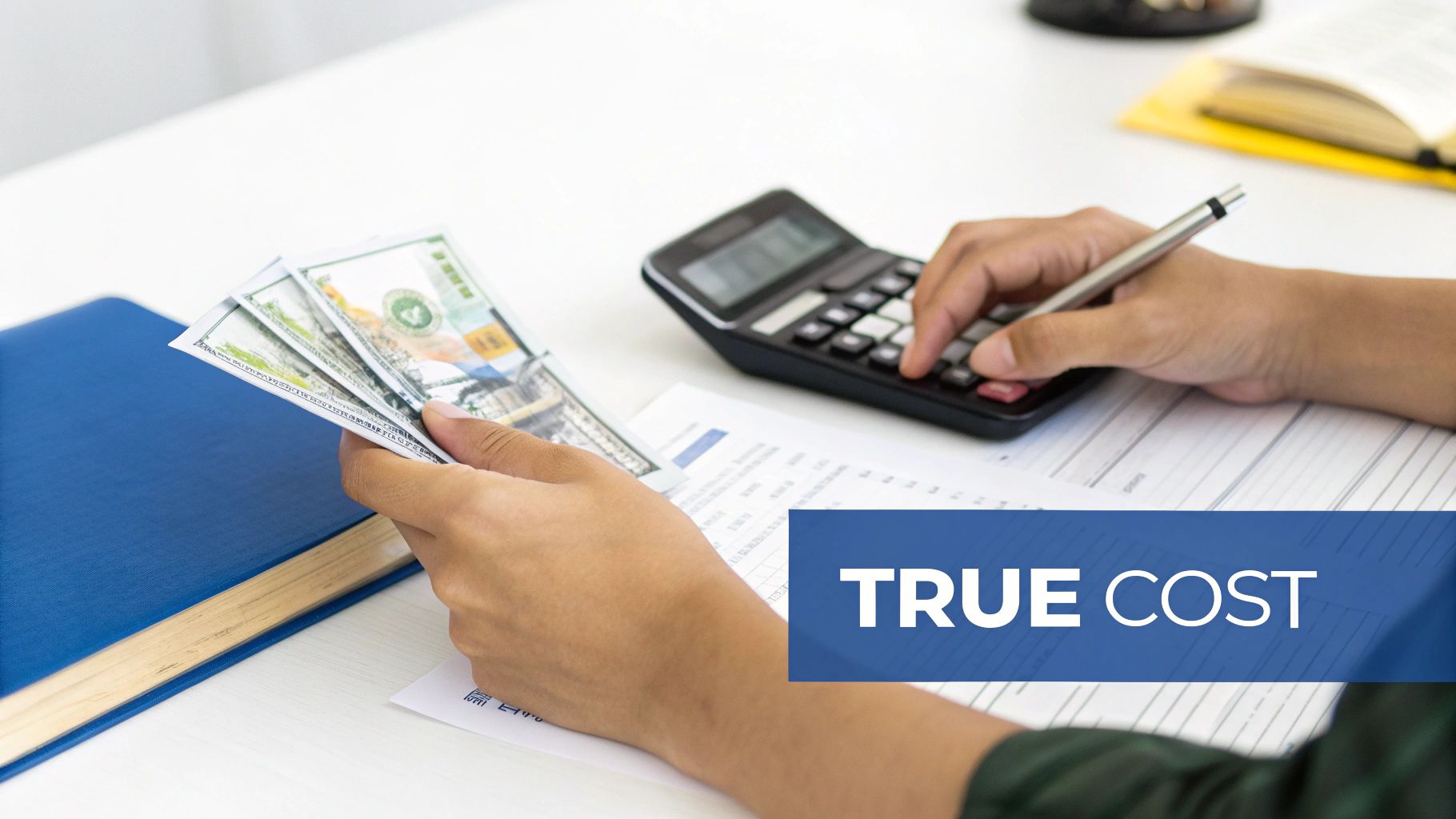 A calculator and pen on top of financial documents, symbolizing the costs of an early 401k withdrawal.