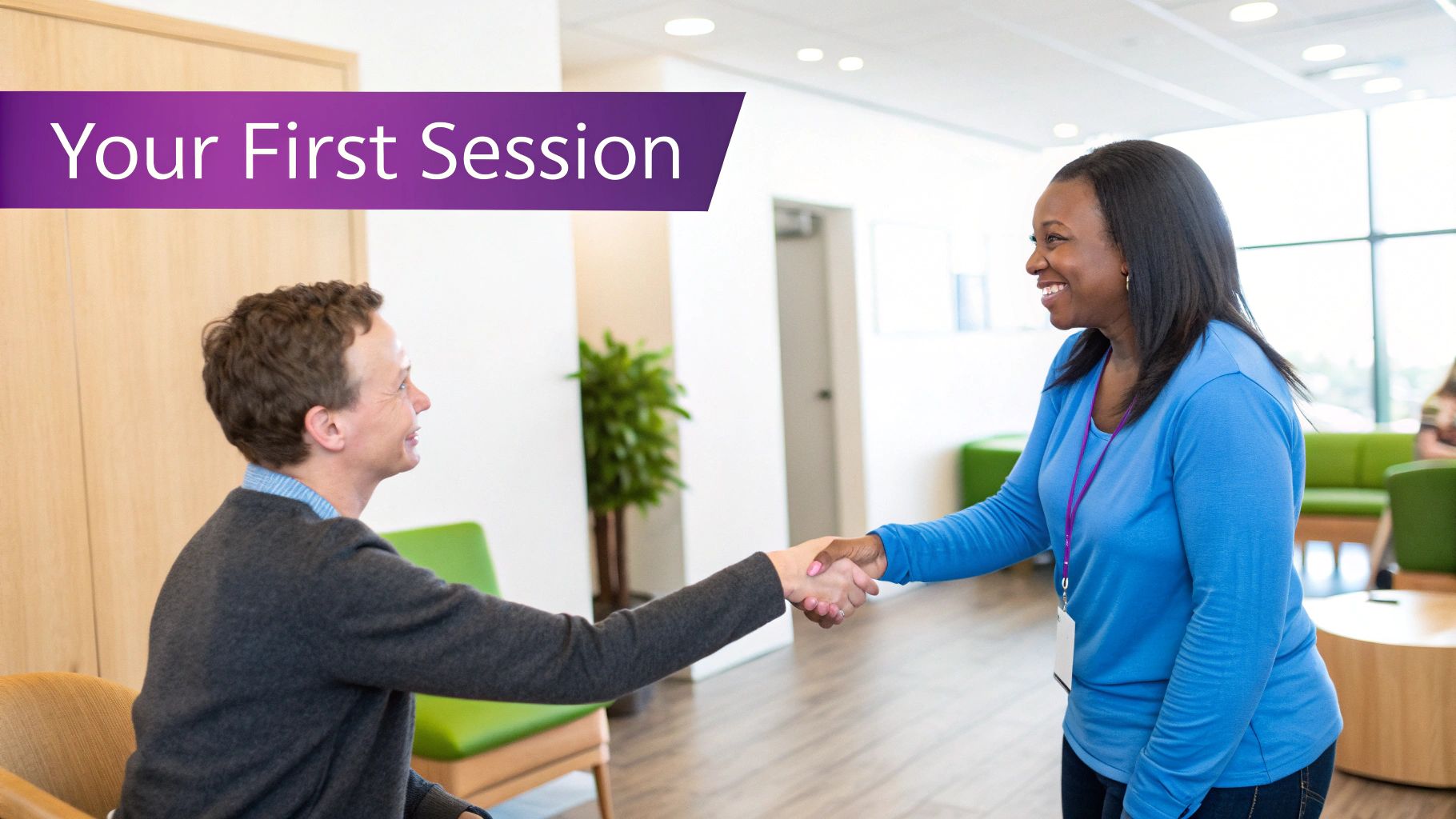 A welcoming, modern therapy office waiting room with comfortable chairs and calming decor.