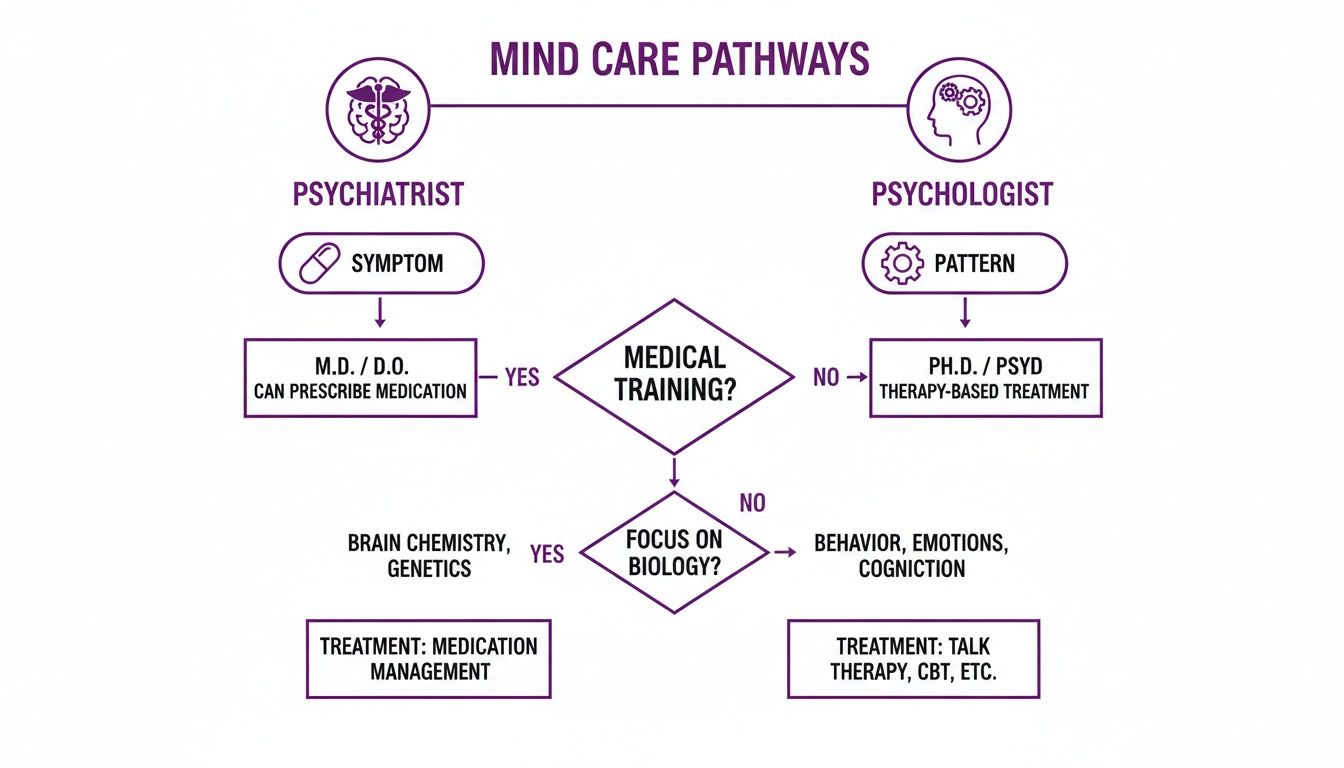 Flowchart illustrating mind care pathways, differentiating psychiatrists and psychologists by training, focus, and treatment methods.
