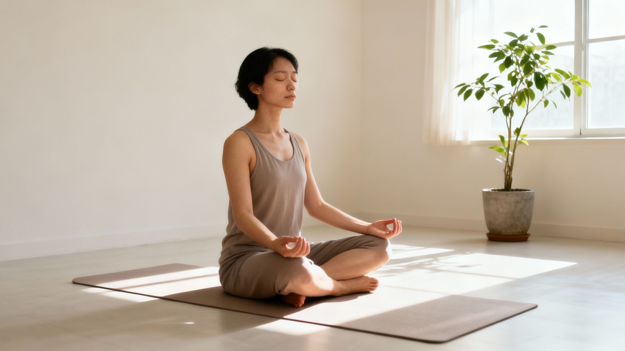 A serene woman meditating on a yoga mat in a sunlit room, practicing mindfulness.