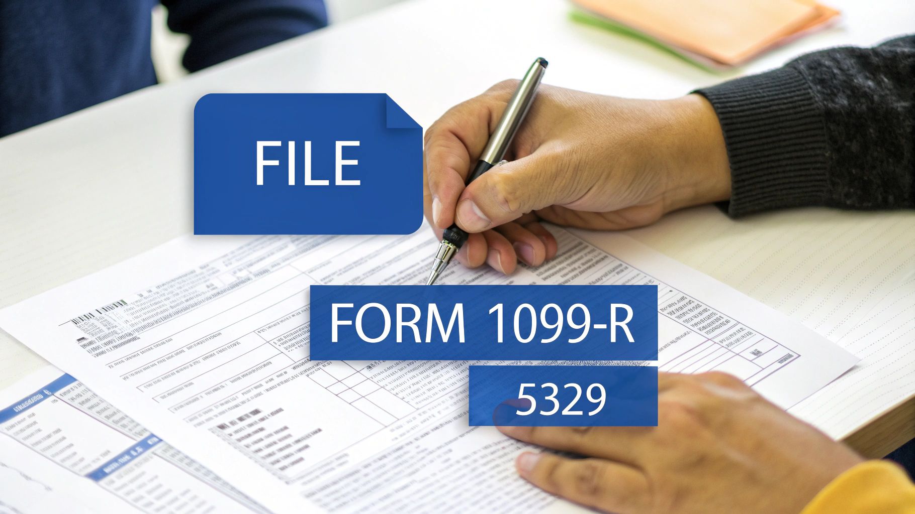 Person filling out tax forms, specifically Form 1099-R and Form 5329, for IRA withdrawals.
