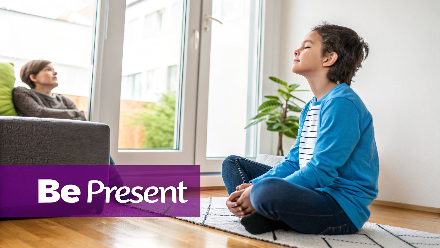 A young boy meditates on the floor, eyes closed, with an adult woman relaxing in the background, promoting mindfulness.