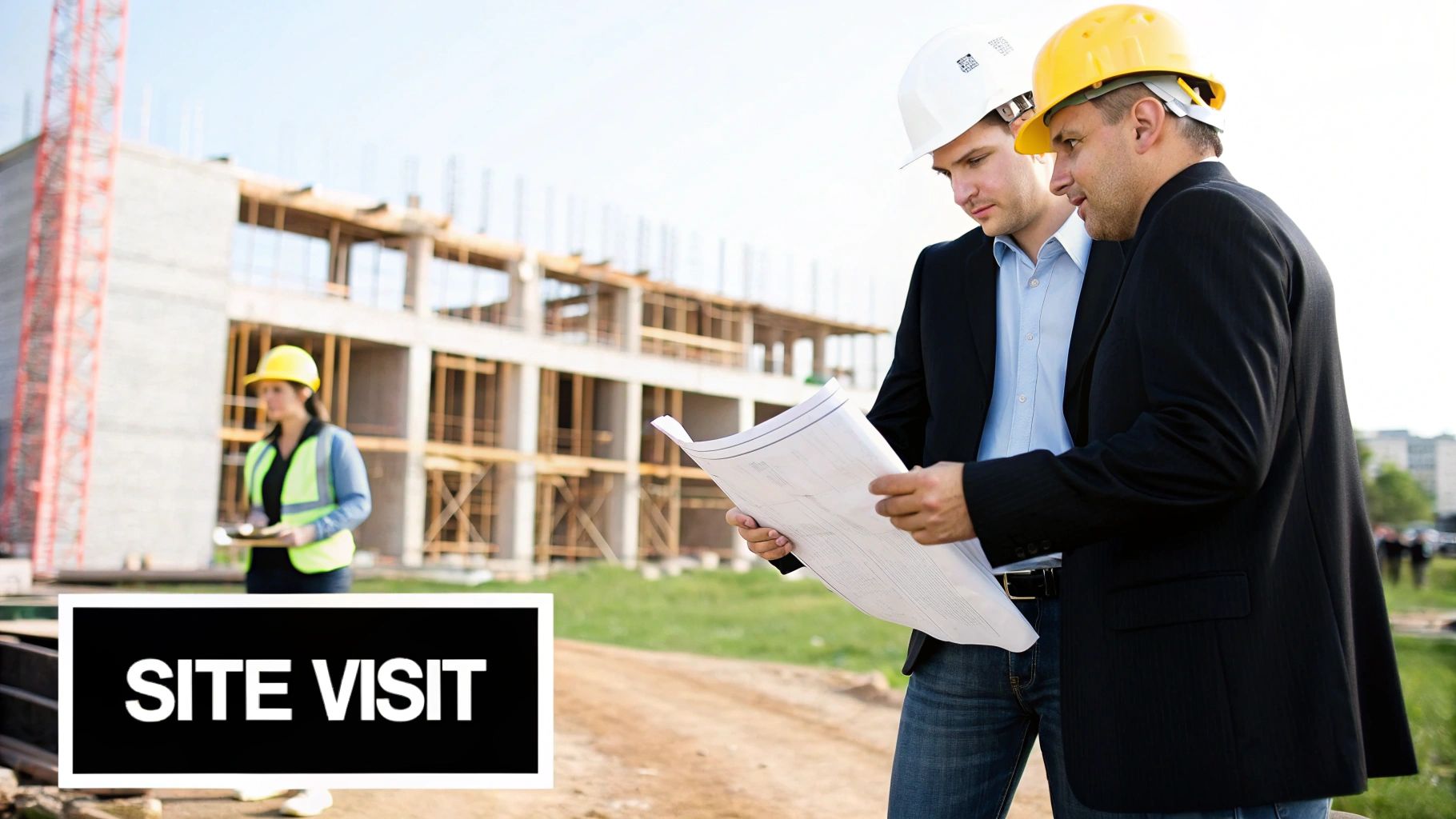 Two engineers in hard hats review blueprints on a commercial building construction site.