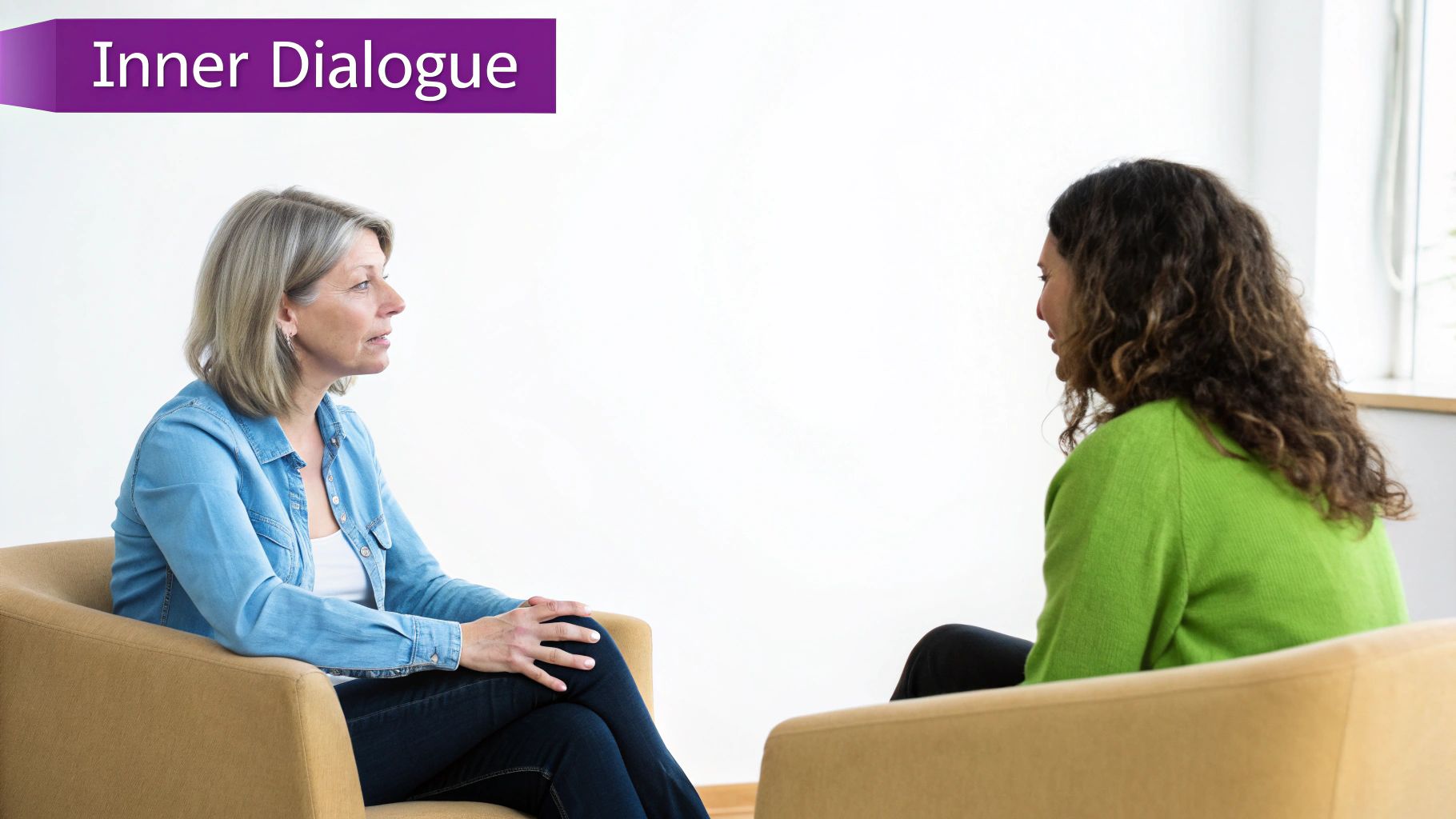 Two women engage in a therapeutic conversation, sitting opposite each other in a bright room.
