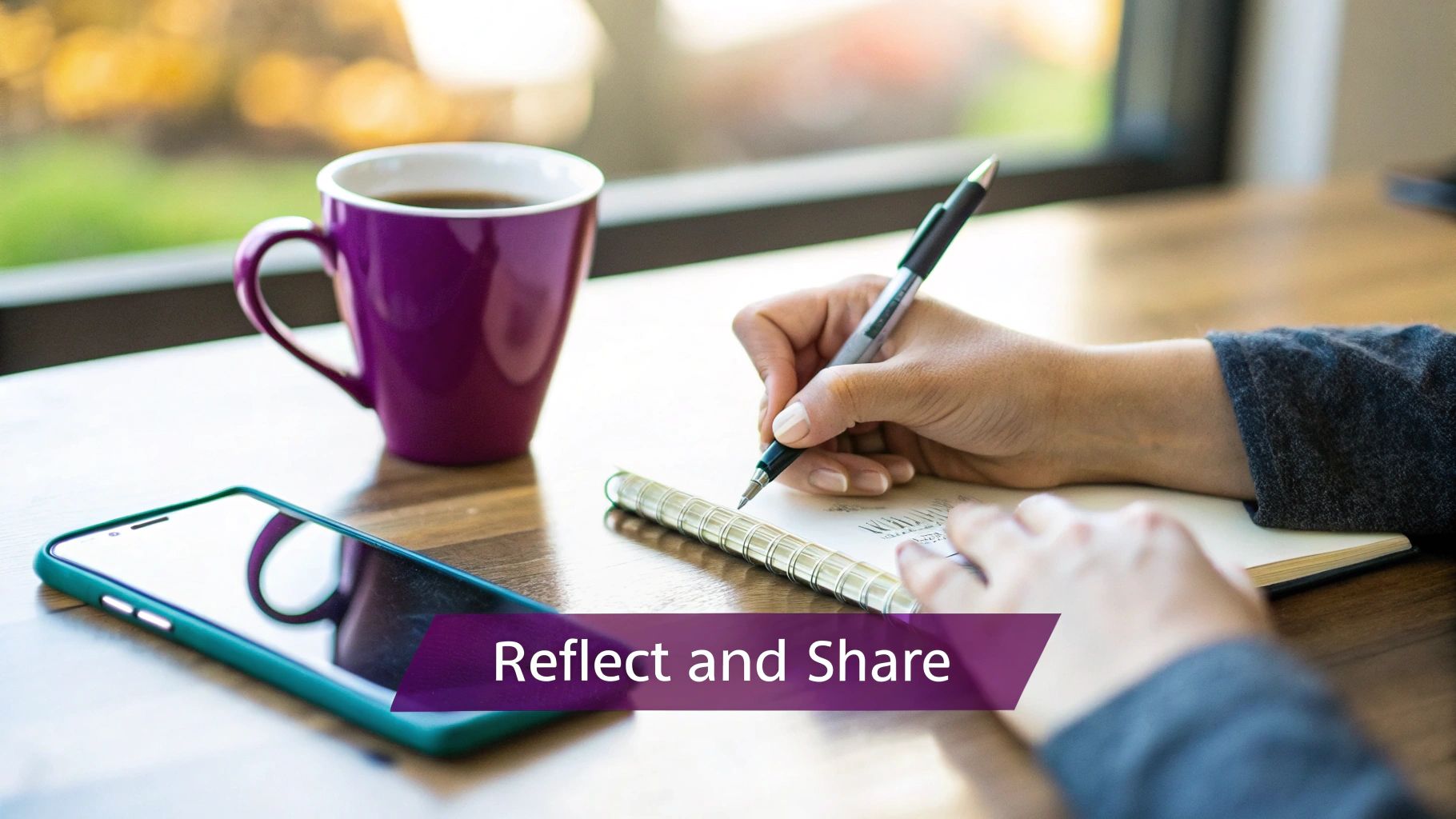 A person writes in a notebook with a pen, next to a purple coffee mug and a smartphone.