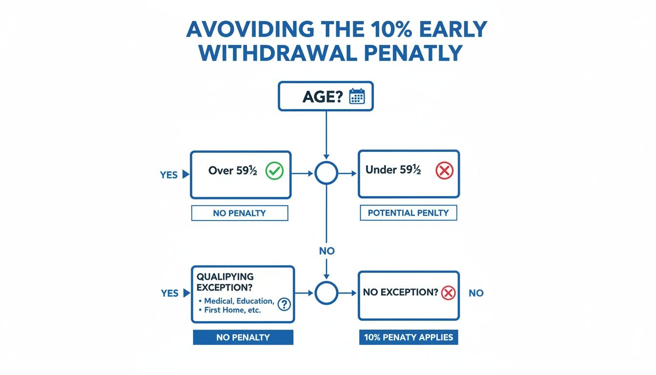 Flowchart explaining how to avoid the 10% early withdrawal penalty based on age and qualifying exceptions.