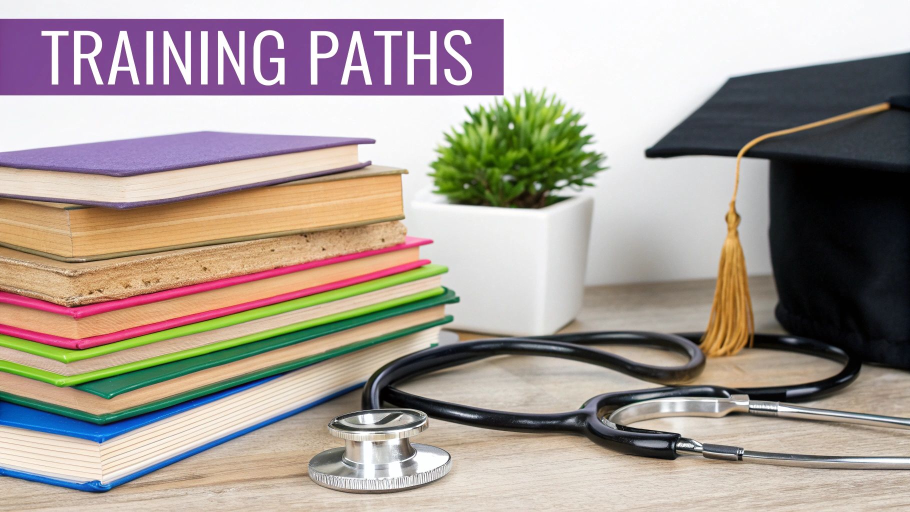 A stack of colorful books, stethoscope, graduation cap, and plant, with 'TRAINING PATHS' text.