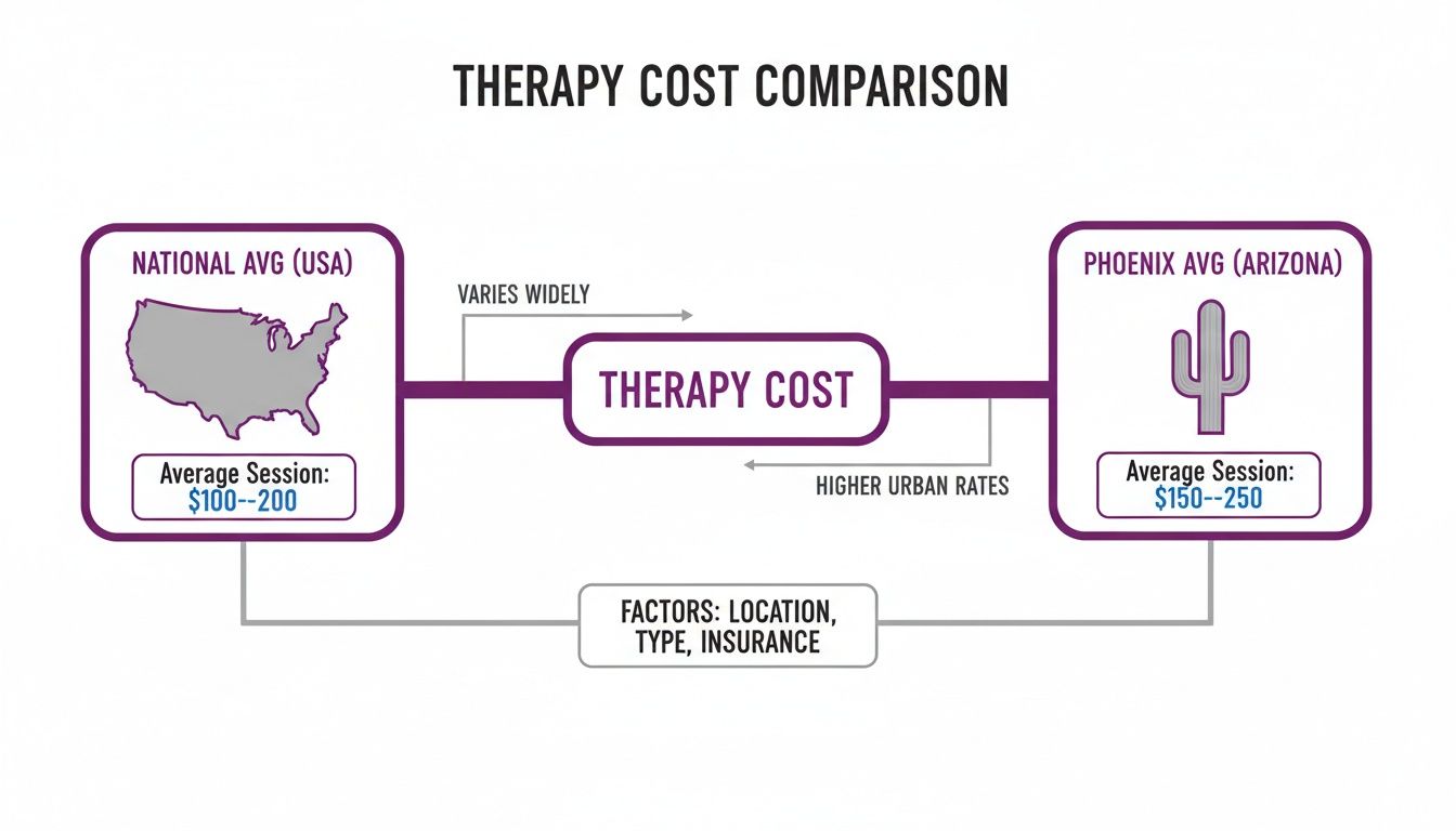 Infographic comparing USA and Phoenix therapy session costs ($100-250), with location, type, and insurance as factors.