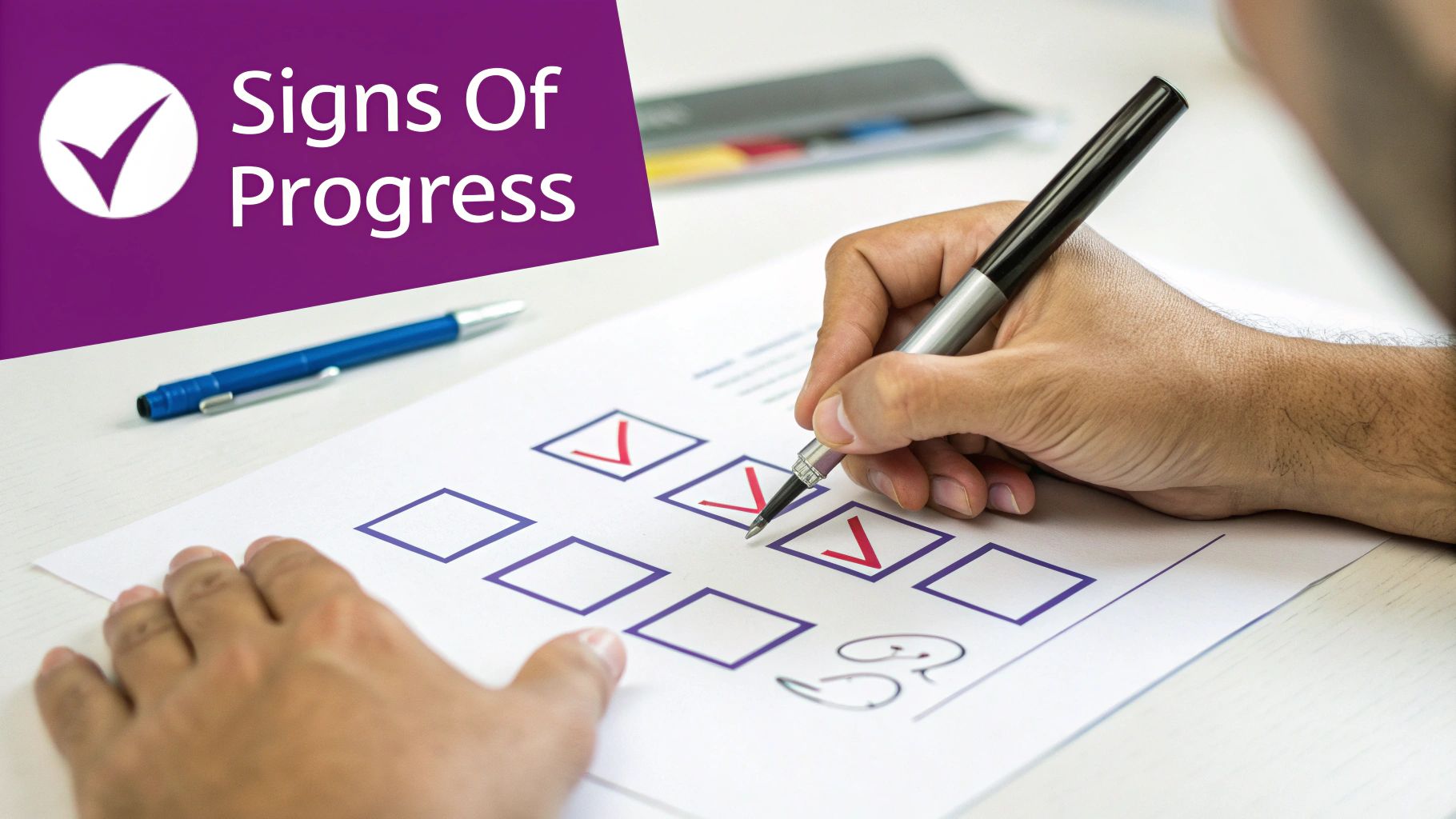 Close-up of a person's hands marking red checkmarks on a progress checklist with a pen.
