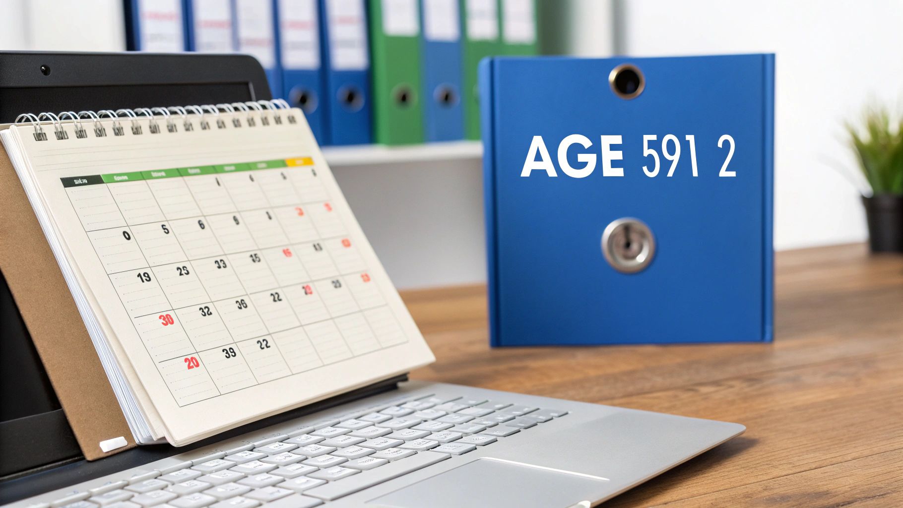 Blue locked file folder labeled Age 59½ next to calendar on desk with laptop keyboard