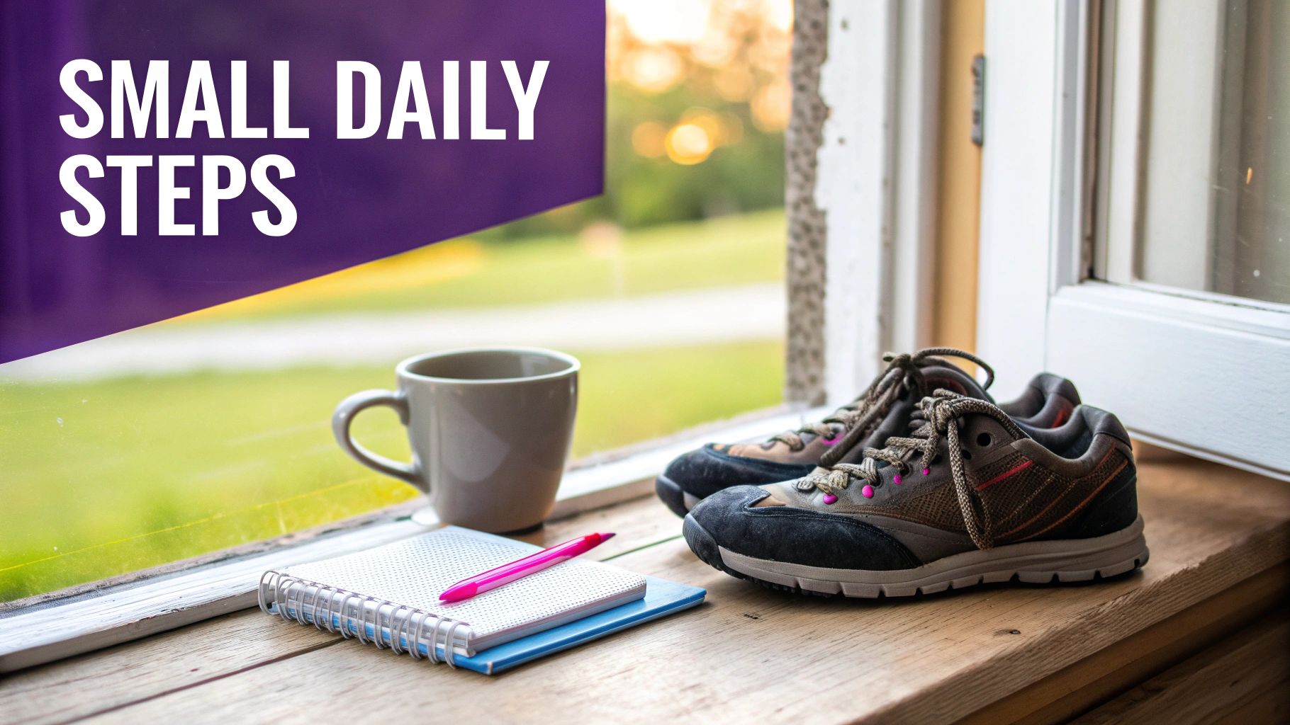 Walking shoes, a coffee cup, notebooks, and a pen on a sunlit window sill, with "SMALL DAILY STEPS" text.