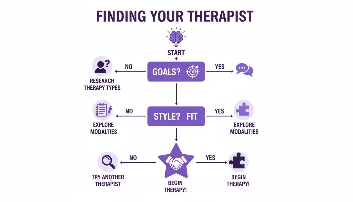 A flowchart detailing the steps to find a therapist, from setting goals to beginning therapy.