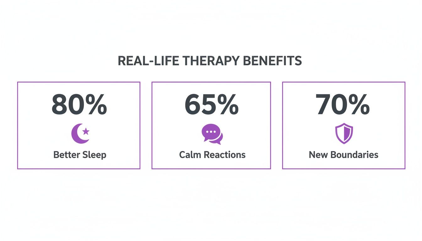 Infographic showing real-life therapy benefits: 80% better sleep, 65% calm reactions, and 70% new boundaries.