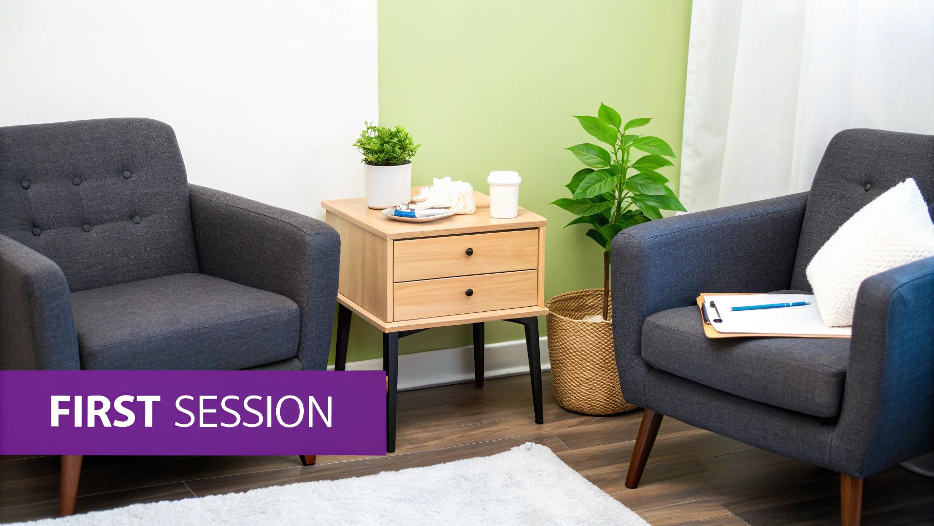 A welcoming therapy room with two armchairs, a side table, plants, and a clipboard ready for a first session.