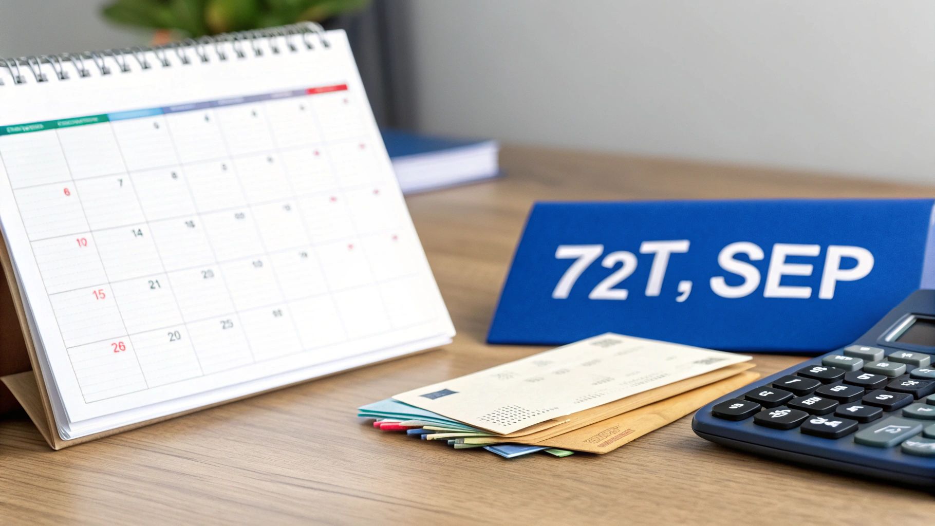 A desk calendar, calculator, stack of cards, and a '72T, SEP' sign on a wooden desk.