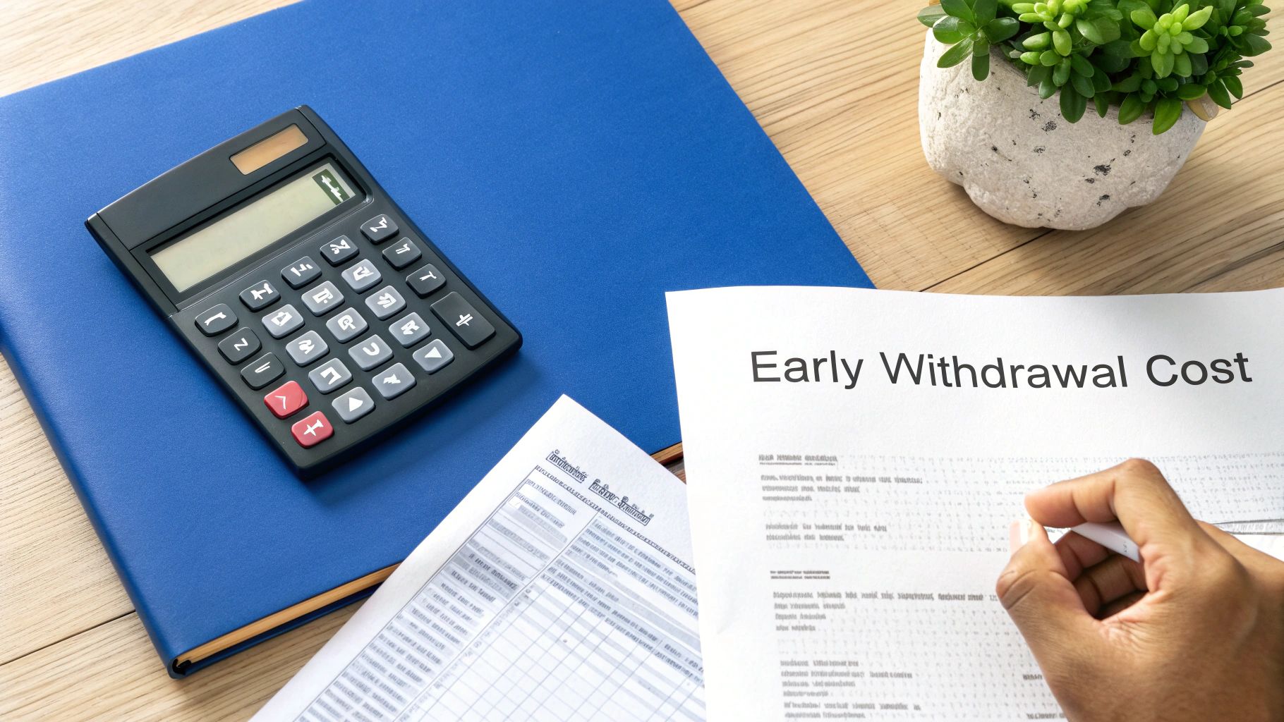 A calculator and pen resting on financial documents, symbolizing the cost of 401k withdrawals.