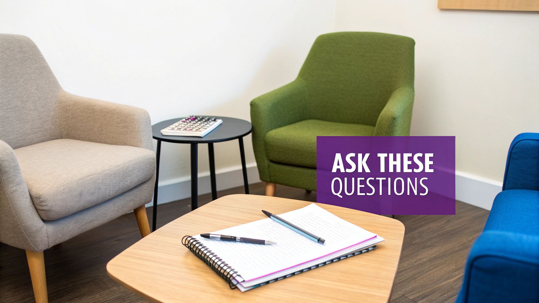 A comfortable therapy room with three armchairs, tables, and a notebook with pens, featuring a 'ASK THESE QUESTIONS' overlay.