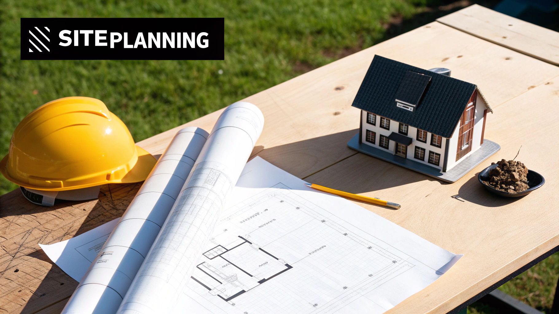 A construction site planning setup with blueprints, a hard hat, house model, and soil sample on a wooden table.
