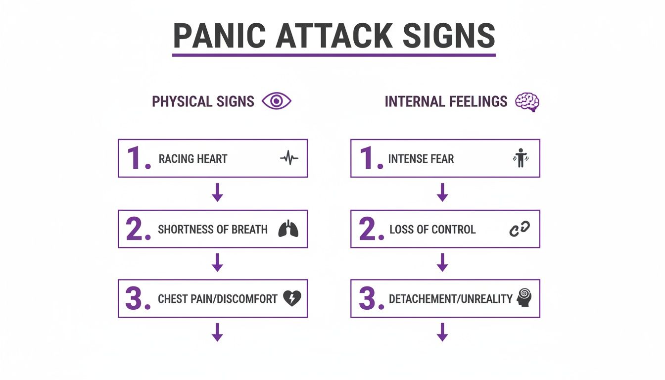 An infographic illustrating panic attack signs, categorized into physical symptoms like racing heart and internal feelings such as intense fear.