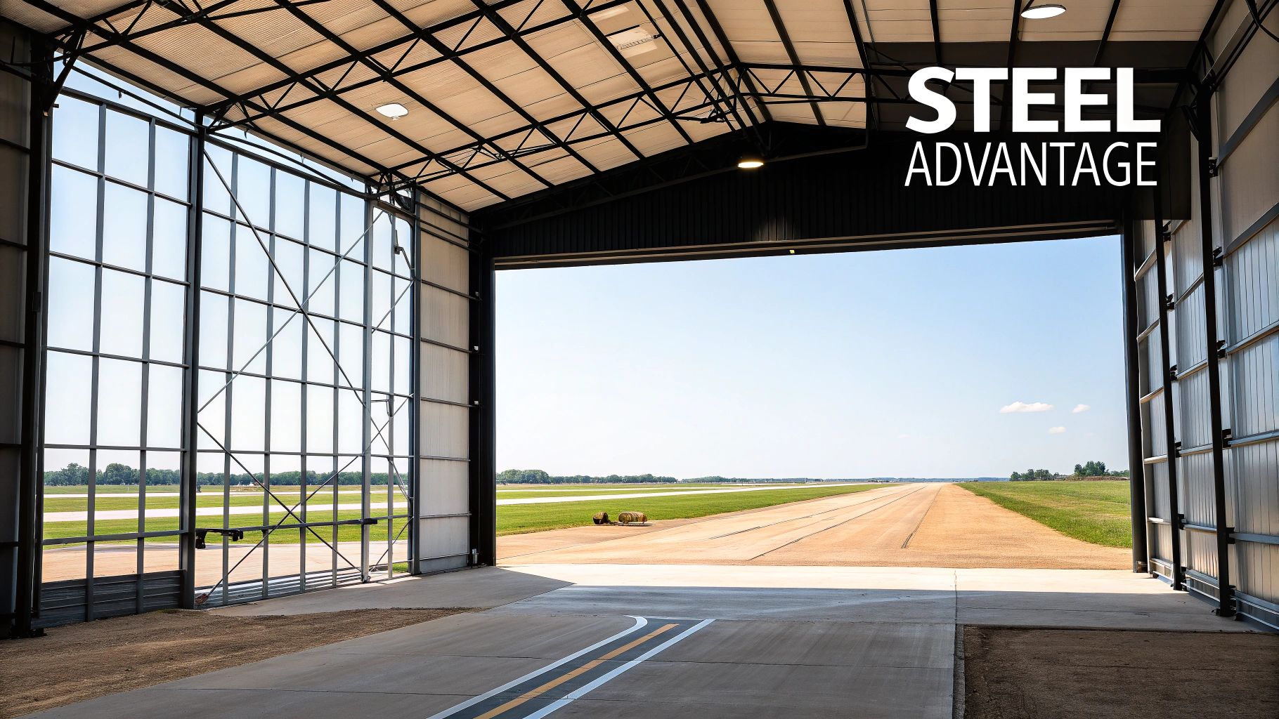 View from inside a modern steel hangar with an open door looking out onto a long airport runway.