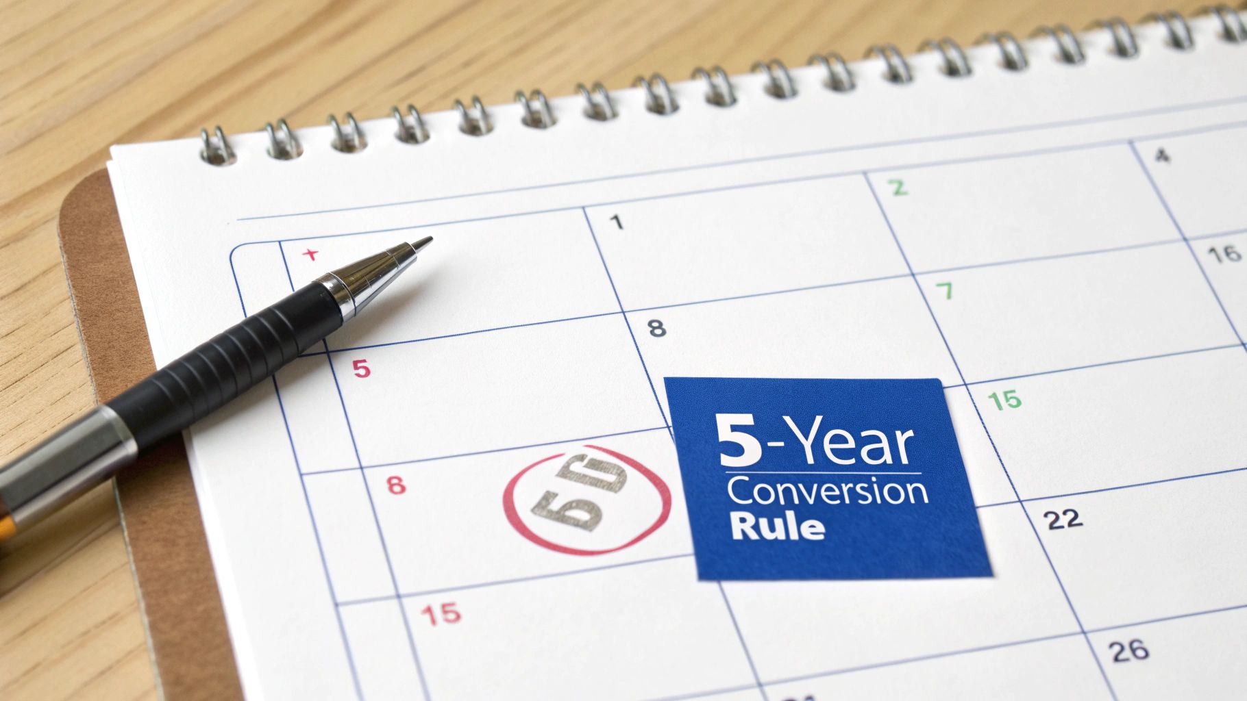 A pen rests on a calendar highlighting the '5-Year Conversion Rule' on a blue sticky note.
