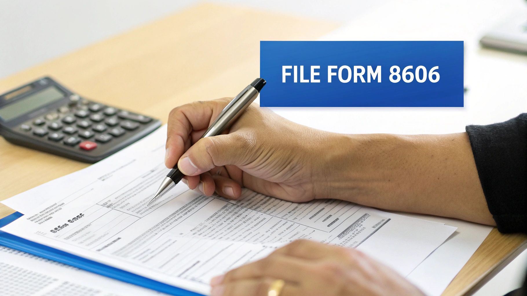Close-up of hands filling out a tax form with a pen and calculator, 'FILE FORM 8606' shown.