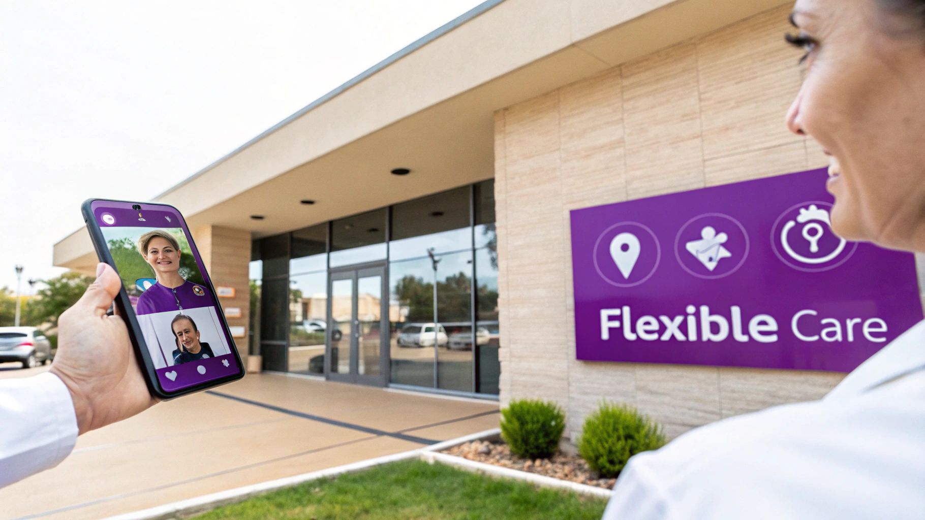 A medical professional holds a phone displaying a telehealth call near a 'Flexible Care' sign.