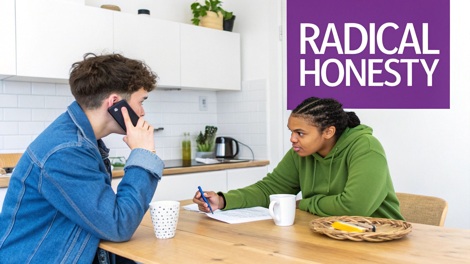 Two young people at a kitchen table, one on the phone, the other looking at them, with 'RADICAL HONESTY' text.