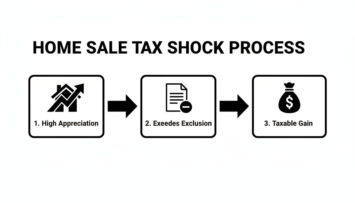 Process diagram illustrating how high home appreciation can lead to taxable capital gains.