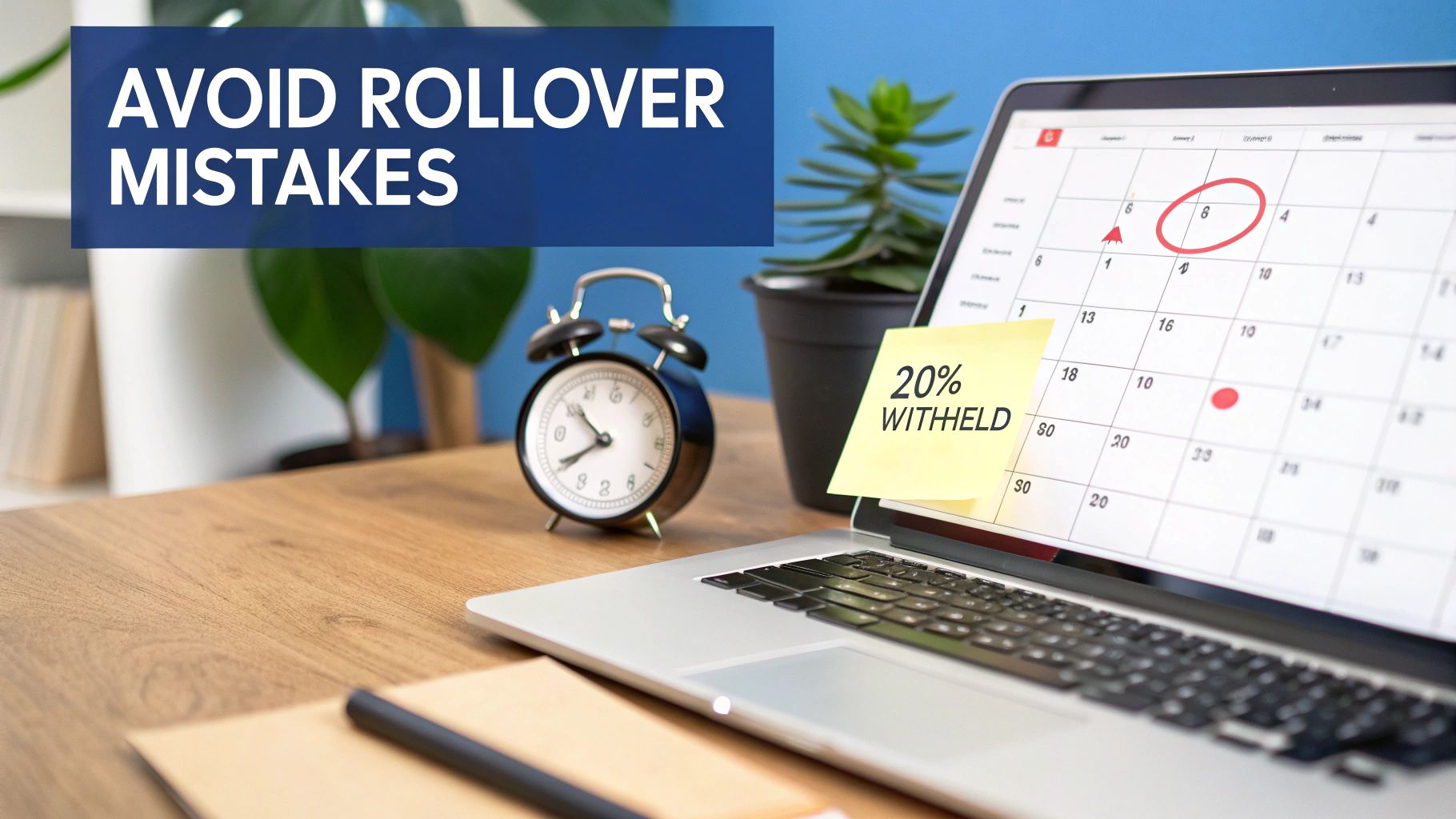 Desk with laptop showing a calendar, '20% WITHHELD' sticky note, and 'AVOID ROLLOVER MISTAKES' banner.