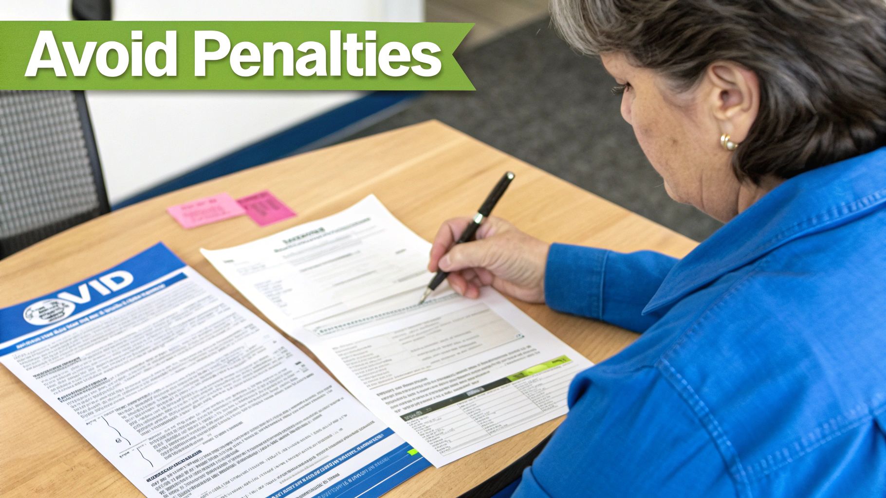Senior woman diligently fills out important financial forms on a wooden desk to avoid penalties.
