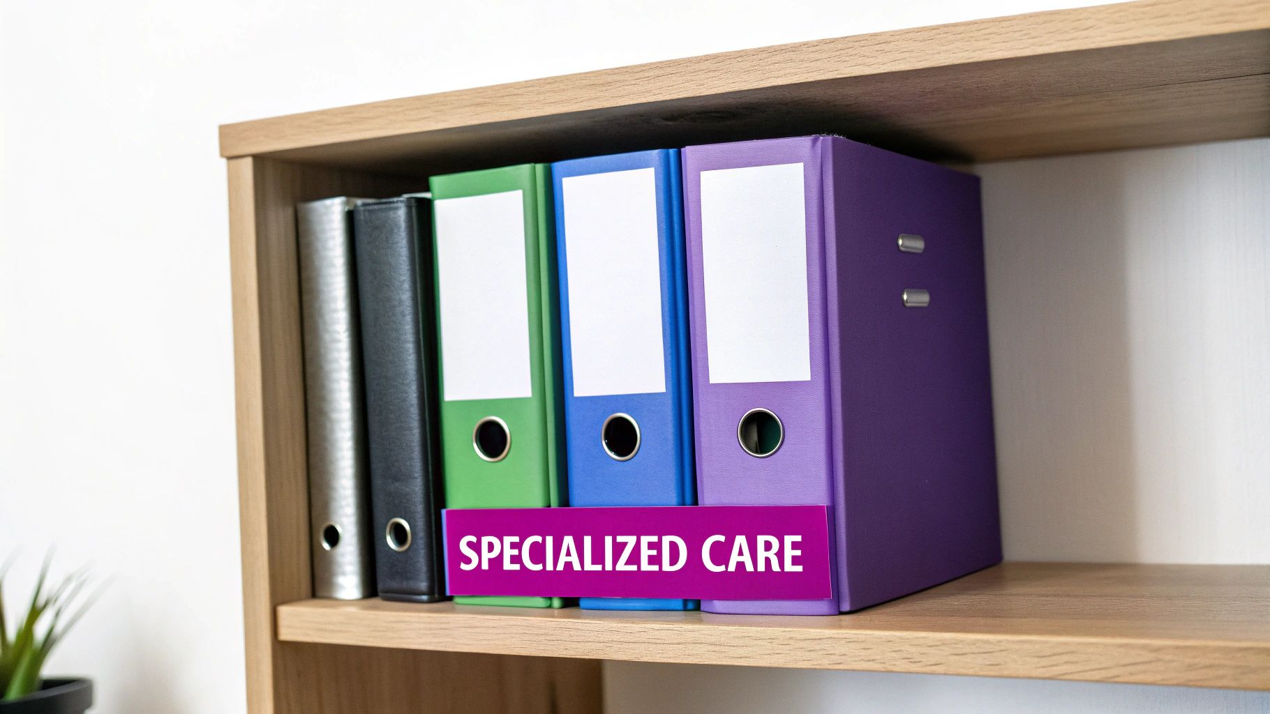Several colorful binders on a wooden shelf, one prominently labeled "SPECIALIZED CARE" in white text.
